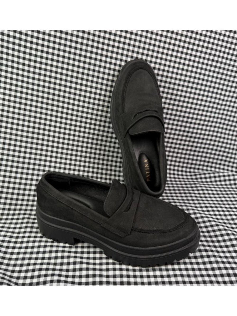 Patina Black Suede Penny Loafers Women’s 7.5 EU 38 Lug Sole Matte Leather